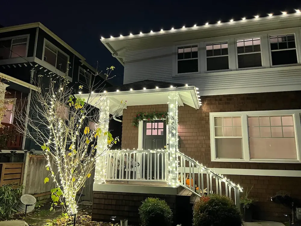 Roofline, porch railing and wrapped tree in warm white