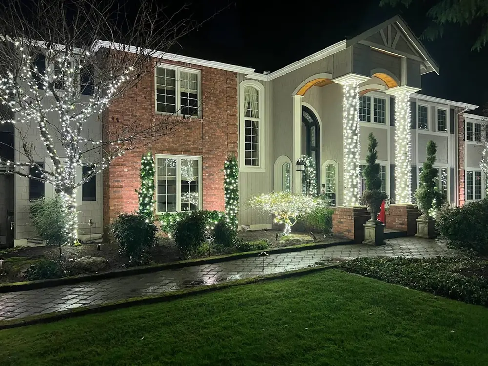 Wrapped trees, columns and roofline lit in warm white